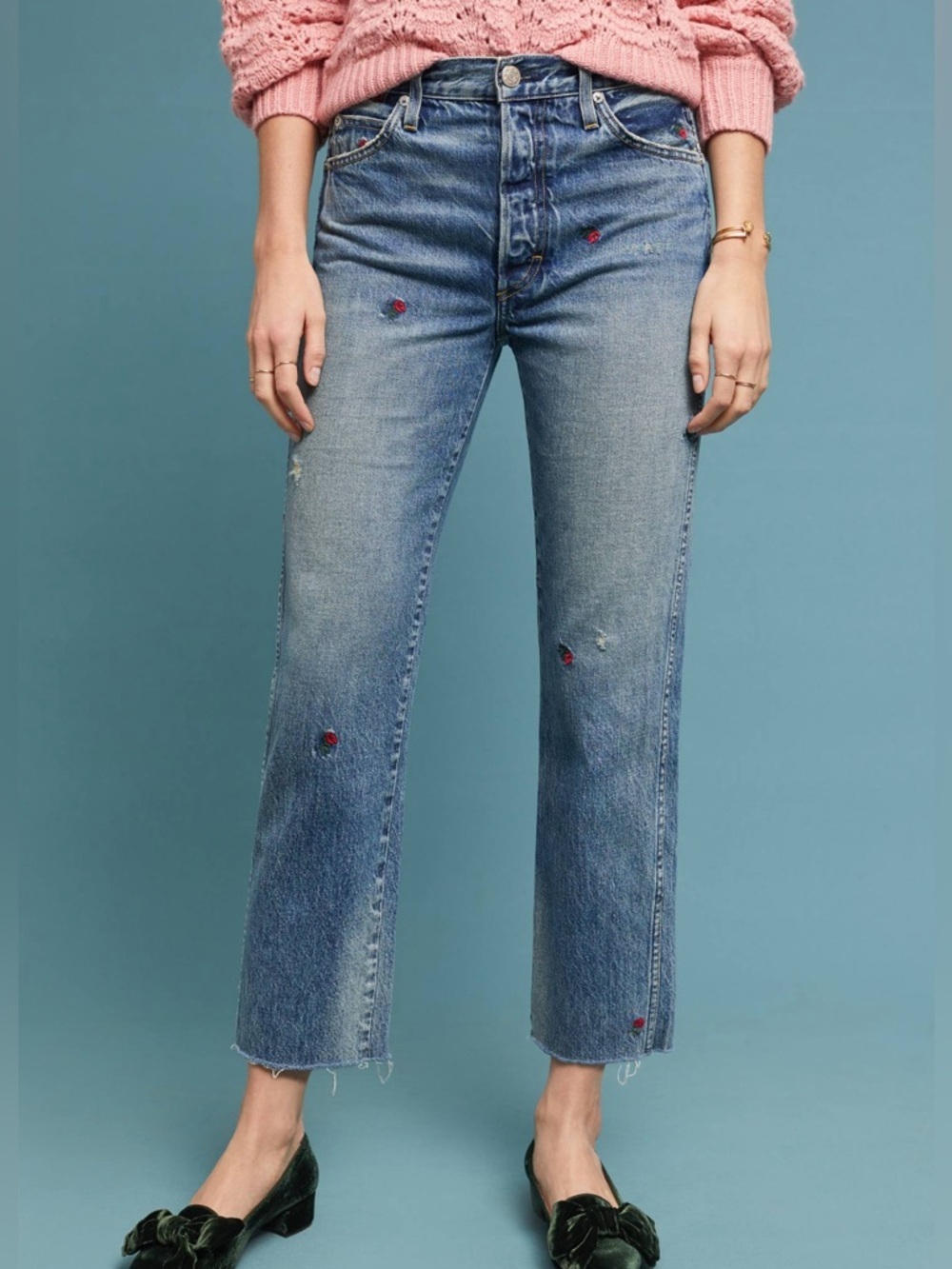 Amo Loverboy Jeans with Rosebud Floral Embroidery Size 25 - Limited Edition